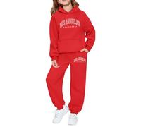 Kids Tracksuit Full Set UK Los Angeles Letter Print Oversized Pullover Hoodie and Loose Sweatpants 2 Piece Outfit Gym Activewear Casual Sweatshirt Set for Boys and Girls Red