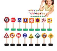 Kids Traffic Sign Set - 16x Wooden Street Signs Early Learning Blocks, Safety Symbol Toys, Crosswalk Signal Educational Kit | Preschool Classroom Home Awareness Play For Skill Development Int