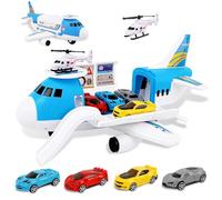 Kids Transport Cargo Airplane with Car Toy Plane Playset for Boys Ages 3-5 | Aeroplane Toys with 4 Vehicles & Helicopter, DIY Friction Powered Birthday Gifts for Boys & Girls Blue
