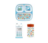 Kids Transport Themed Dining Set, 3 Piece Cutlery, Divided Plate and 450ml Straw Bottle, Blue Trucks Car Diggers, Boys, Bowl