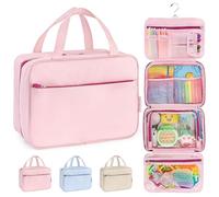Kids Travel Organizer - Multi-Compartment, Water-Resistant Hanging Bag for Toys, Snacks, & Activities - Compact, Lightweight Design with Hook & Carry Handle - Perfect for Travel Use (Pink, Large)