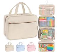 Kids Travel Organizer - Multi-Compartment, Water-Resistant Hanging Bag for Toys, Snacks, & Activities - Compact, Lightweight Design with Hook & Carry Handle - Perfect for Travel Use (Beige, Large)
