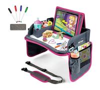 Kids Travel Tray with Dry Erase Board, Car Seat Lap for Food & Play Activity, Carseat Table Trays for Toddler, Kid Activity Desk for Air Travel, No-Drop Tablet Holder & Borders (Grey with Pink Frame)