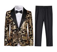 Kids Tuxedo Suit Sparkly Fashion Dress 2 Pieces Blazer Sequins Pants, Golden, 8