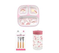 Kids Unicorn and Rainbow Dining Set, 3 Piece Cutlery, Sectioned Plate, 450ml Bottle with Straw, Pink and Rainbow Design Star, Bowl, Girls