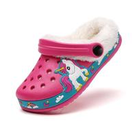 Kids Unicorn Clogs Boys Girls Fur Lined Clogs Slippers Winter Warm Memory Foam Home Slippers Indoor Outdoor Non Slip Mules Rose32