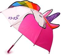 Kids Unicorn Umbrella, 70 cm Dome Canopy, Manual Open Close, Rainbow Pattern, Pink Trim, Waterproof PVC, Plastic Handle