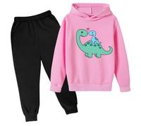 Kids' Unisex Cute Twin Dinosaurs Print Solid Color Tracksuit Set - Hooded Long-Sleeve Sweatshirt with Elastic Waist Pants, Casual Loose Jogger Set for Boys Girls, 3-13 Years