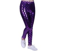 Kids Unisex Girls Boys Mermaid Metallic Fish Scale Stretch Disco Party Party Leggings Age 5-13 (Purple, 13 years old)