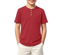 Kids Value Weight Cotton Summer T-Shirt Crew Neck Solid Button Down Short Sleeve Pocket Casual Tees for Boys Tops for Daily 13-14 Year Red