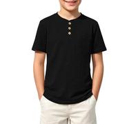 Kids Value Weight Cotton Summer T-Shirt Crew Neck Solid Button Down Short Sleeve Pocket Casual Tees for Boys Tops for Daily 13-14 Year Black