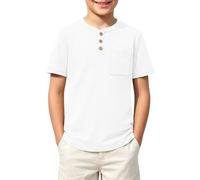 Kids Value Weight Cotton Summer T-Shirt Crew Neck Solid Button Down Short Sleeve Pocket Casual Tees for Boys Tops for Daily 13-14 Year White