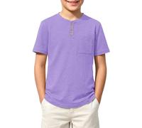 Kids Value Weight Cotton Summer T-Shirt Crew Neck Solid Button Down Short Sleeve Pocket Casual Tees for Boys Tops for Daily 13-14 Year Purple