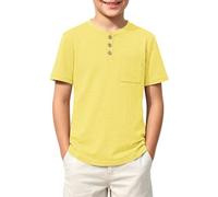 Kids Value Weight Cotton Summer T-Shirt Crew Neck Solid Button Down Short Sleeve Pocket Casual Tees for Boys Tops for Daily 13-14 Year Light Yellow