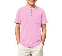 Kids Value Weight Cotton Summer T-Shirt Crew Neck Solid Button Down Short Sleeve Pocket Casual Tees for Boys Tops for Daily 13-14 Year Pink