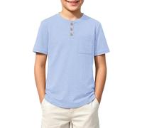 Kids Value Weight Cotton Summer T-Shirt Crew Neck Solid Button Down Short Sleeve Pocket Casual Tees for Boys Tops for Daily 13-14 Year Sky Blue