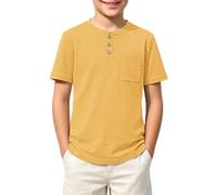 Kids Value Weight Cotton Summer T-Shirt Crew Neck Solid Button Down Short Sleeve Pocket Casual Tees for Boys Tops for Daily 13-14 Year Golden Yellow