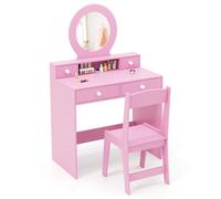 Kids Vanity Set Princess Makeup Dressing Desk and Chair Set w/ Mirror COSTWAY Pink One Size