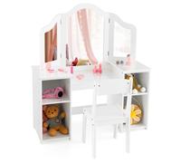 Kids Vanity Set w/ Dressing Table & Chair Tri-Folding Mirror 4 Storage