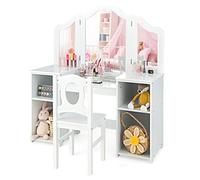 Kids Vanity Table and Chair, 2 in 1 Wooden Toddler Dressing Table with Tri-Folding Mirror, Storage Shelves, Makeup Pretend Play Toy for Girls (White)