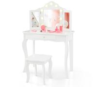 Kids Vanity Table Set with Stool 2-in-1 Wooden Dressing Table for Girls Detachable Tri-fold Mirror 3-Color Lights & Drawer Princess Makeup Desk (White)
