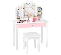 Kids Vanity Table with 3 Removable Mirrors & 1 Drawer Makeup Desk for Children with Stool MDF & Pine Wood Dressing Table (White)