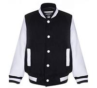 Kids Varsity Black Bomber Jacket with Real Leather Sleeves White 13