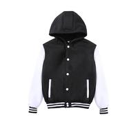 Kids Varsity Jacket Girls Boys Baseball Jacket Bomber Coat School Jackets with Pocket, Black-hooded, 14 Years