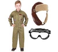 Kids VE Day Army Pilot Costume - X-Large - Green Jumpsuit with Attached Patches, Brown Aviator Hat, Clear Goggles - Boys Girls Military Historical Fancy Dress Costume