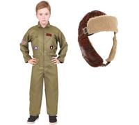 Kids VE Day Army Pilot Costume - XLarge - Green Jumpsuit with Attached Patches, Brown Leather-Look Aviator Hat - Boys Girls Military Historical Fancy Dress Costume