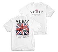 Kids VE Day T Shirt Union Jack with Poppies Large Back Print Boys Girls 80th Anniversary Chest Design, 7-8 Years, White