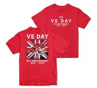 Kids VE Day T Shirt Union Jack with Poppies Large Back Print Boys Girls 80th Anniversary Chest Design, 12-13 Years, Red