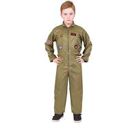 Kids VE Day U.S Army Pilot Costume - Large - Military Green Jumpsuit with Attached Patches - Boys Girls Childs Military Historical 80s Movie Fancy Dress Costume