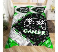 Kids Video Games Gamer Duvet Cover Set for Boys Teens Green and Black Gaming Bedding Set Video Game Gaming Comforter Cover Stylish Geometric Bedding & Linen With 1 Pillowcase 2Pcs Single Size