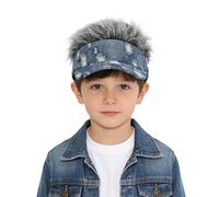 Kids Visor Hat with Fake Hair Novelty Adjustable Distressed Denim Baseball Golf Cap with Spiked Wig for Boys Girls 3-8 Years (Dark Blue)