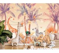 Kids wallpaper bedroom large orange wall mural 312x219cm palms safari animals