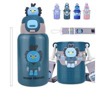 Kids Water Bottle, 450ML Stainless Steel Insulated Water Bottles with Straw Lid, BPA-Free Double Wall Vacuum Leak Proof Waterbottle for Boys Girls Old Toddler Hiking, School & Sports (Bear)