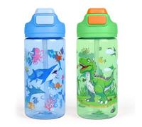 Kids Water Bottle with Straw,2 Packs 480ml BPA-Free Childrens Water Bottle with Carry Handle,Leakproof Water Bottle for Kids Boys,Drinks Bottle for School Travel Sports-Blue Shark+Green Dinosaur