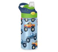 Kids Water Bottle with Straw 350ml, Monster Truck Cars Pattern Stainless Steel Insulated Toddler Cup Leakproof Drink Flask Bottle for Boys Hot Cold, BPA-Free