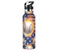 Kids Water Bottle with Straw for School, Kids Stainless Steel Vacuum Insulated Water Bottle for Travel or School 20 Oz, BPA-Free, Baseball Fire