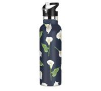 Kids Water Bottle with Straw for School Leakproof Kids Insulated Water Bottle 20oz, BPA-Free, White Calla Lilies Green Leaves