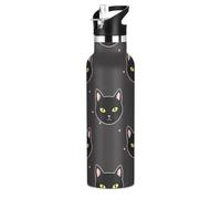 Kids Water Bottle with Straw for School Leakproof Sports Water Bottle for Kids for Boys Girls 20oz, BPA-Free, Black Cat Yellow Eyes
