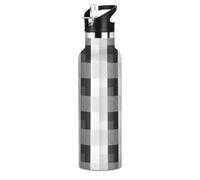 Kids Water Bottle with Straw Leakproof Insulated Water Bottle with Straw 20oz, BPA-Free, Black White Buffalo Plaid
