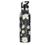 Kids Water Bottle with Straw Leakproof Insulated Water Bottle with Straw 20oz, White Wild Daisies Black