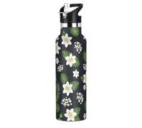 Kids Water Bottle with Straw Leakproof Insulated Water Bottles 20oz, BPA-Free, White Lilies Green Leaves