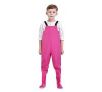 Kids Water Proof Trousers Chest Waders with Boots, Rain Trousers Bib Overalls Boys Girls Rain Dungarees Wind Mud Pants Outdoor Rainwear Detachable Braces Bottoms for Rainy and Snowy Days Pink