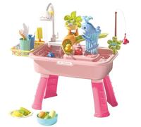 Kids Water Table, Electric recirculating dishwasher, Kitchen sink set, Play-set featuring a duck fishing and splashing in the water, 180° Rotatable Faucet＆Detachable Leg (Pink)