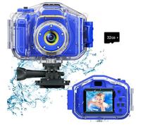 Kids Waterproof Camera for 3-12 Year Old Boys Christmas Birthday Gifts Toys Children Mini Underwater Digital Action Camcorder, 2 Inch IPS Screen with 32GB Card (Dark Blue)