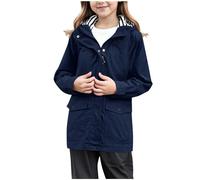 Kids Waterproof Jacket Boys Girls Lightweight Striped Lined Mid Length Windproof Raincoat with Cargo Pockets Autumn Spring Breathable Shower Resistant Outerwear for School Hiking Age 5-13