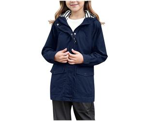 Kids Waterproof Jacket Boys Girls Lightweight Striped Lined Mid Length Windproof Raincoat with Cargo Pockets Autumn Spring Breathable Shower Resistant Outerwear for School Hiking Age 5-13